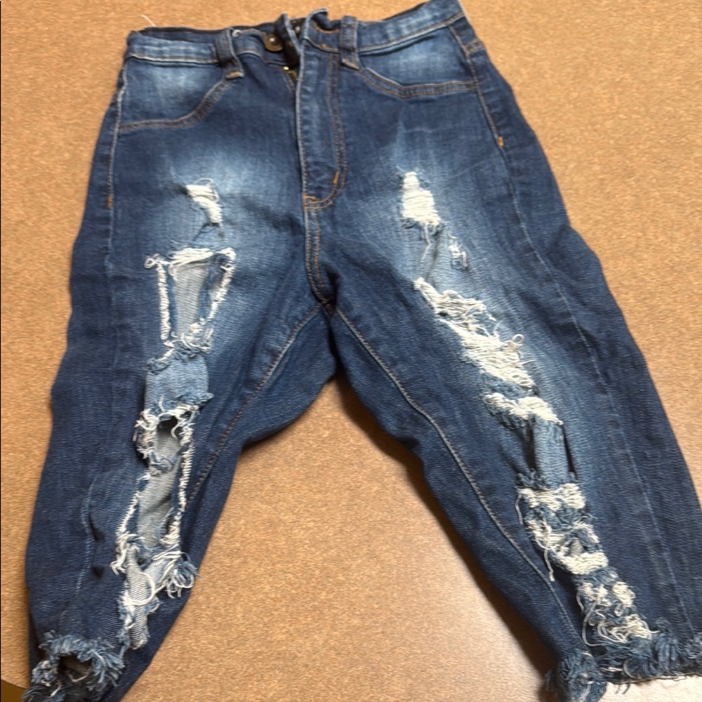 Fashion Nova Blue Cropped Distressed Jeans